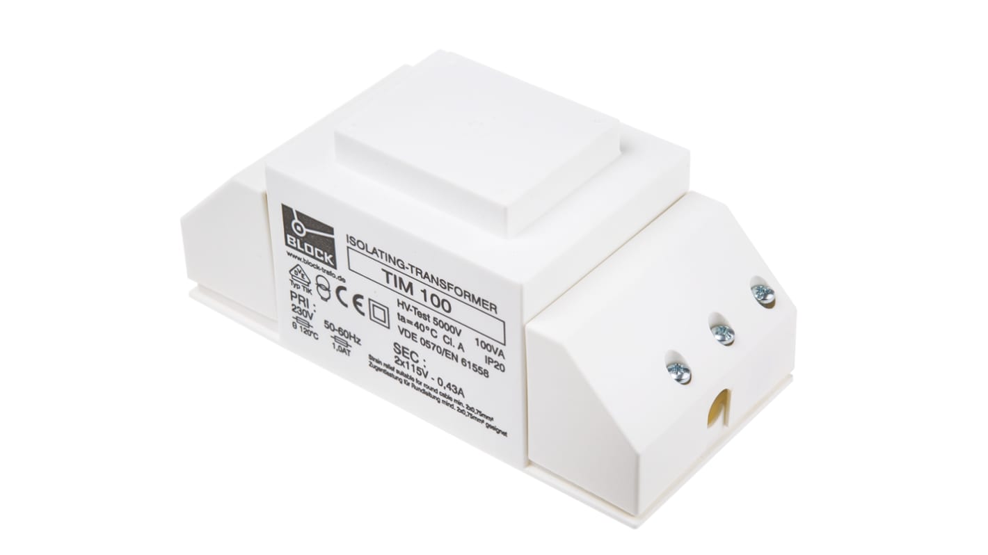 Transformator do zabudowy Napięcie wtórne 2 x 115V ac 100VA Napięcie pierwotne 230V ac 2-wyjściowy Block