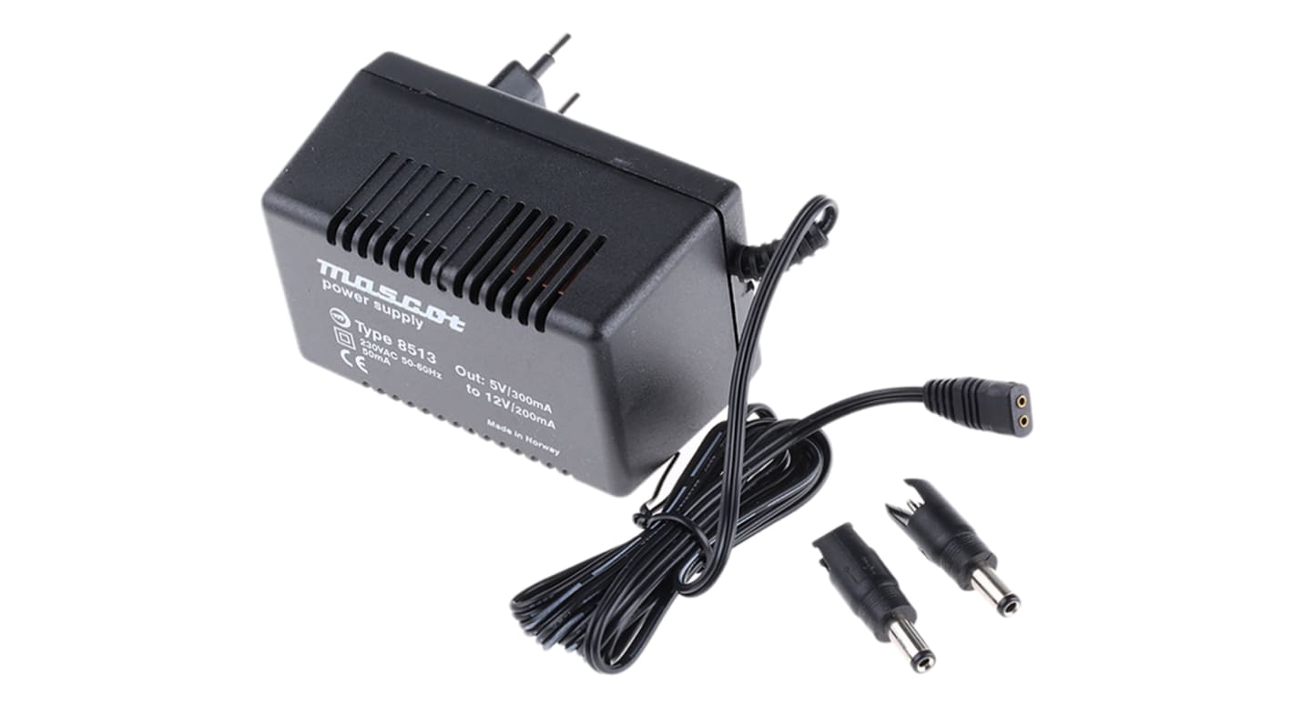 Mascot 12V dc Plugtop strømforsyning, Lineær strømforsyning, 200 → 300mA, 2.4W, EU-stik