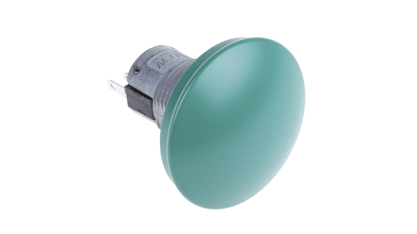 ITW Switches 按钮开关, Φ22mm开孔, 面板安装, 瞬时操作, 绿色蘑菇头, 透明LED, 单刀双掷, IP67, 76-94系列