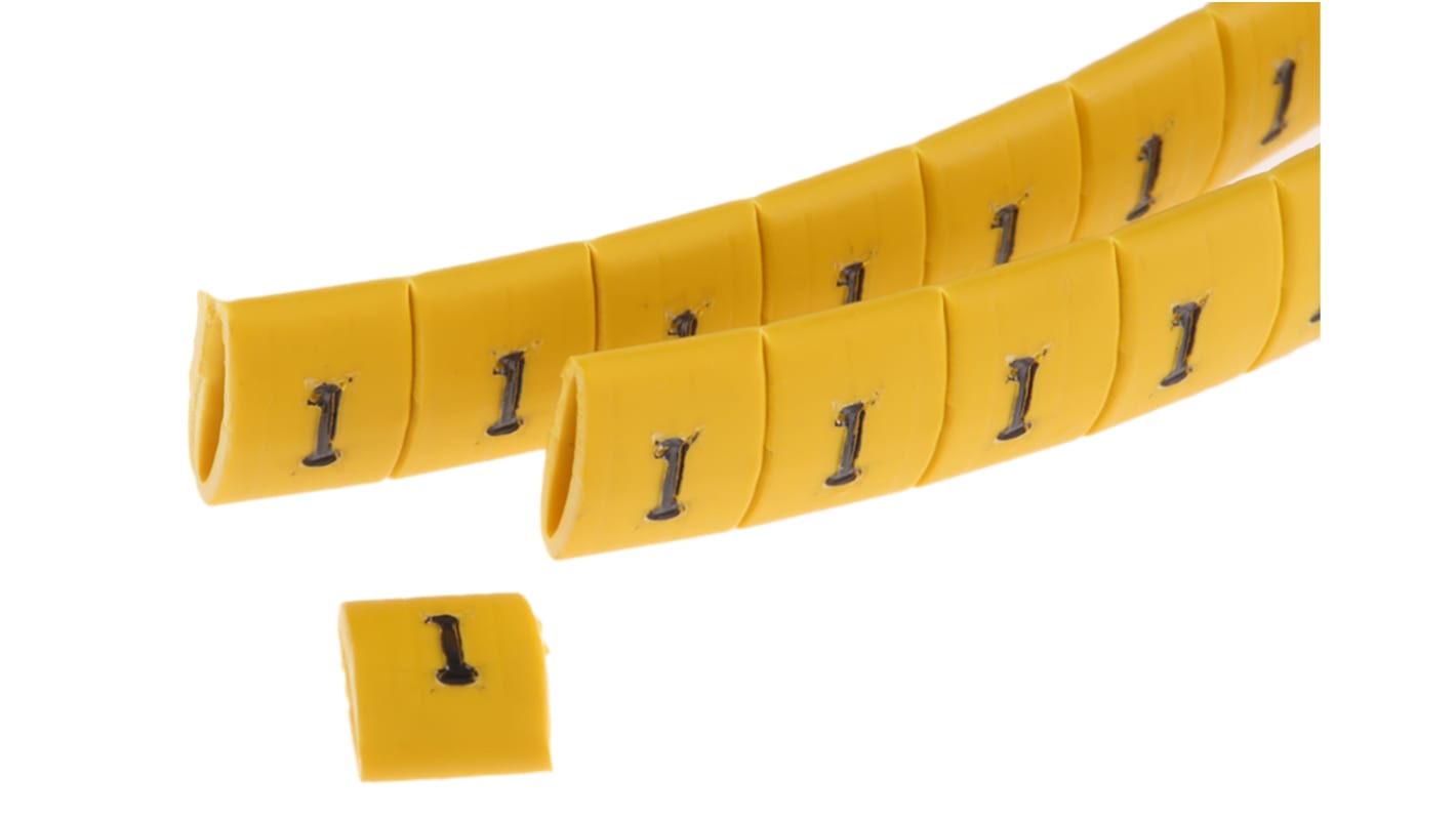 HellermannTyton Ovalgrip Slide On Cable Markers, Black on Yellow, Pre-printed "1", 1.7 → 3.6mm Cable, 901-10134