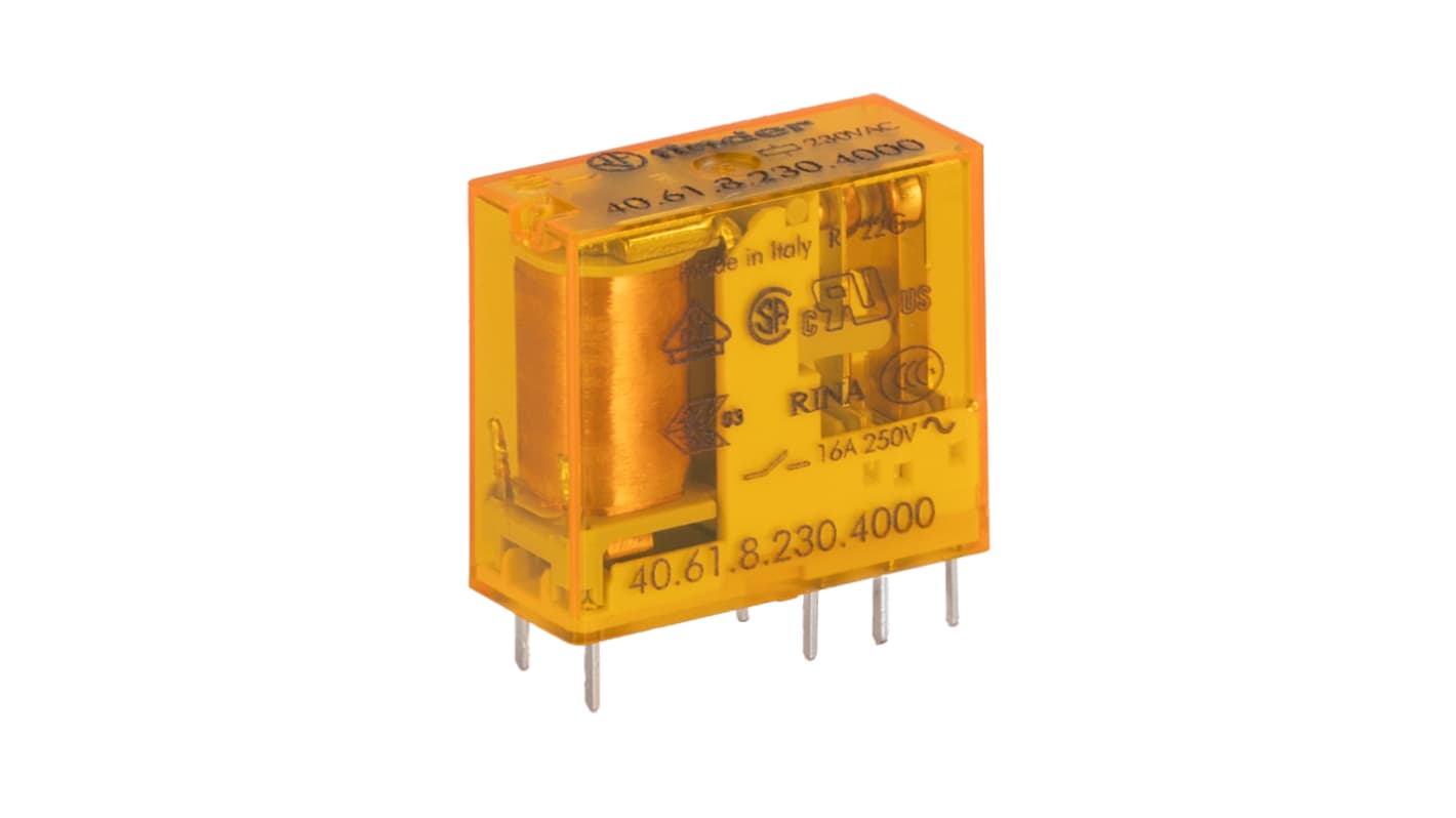 Relè di potenza Finder serie 40, SPDT, bobina 230V ca, Montaggio su circuito stampato