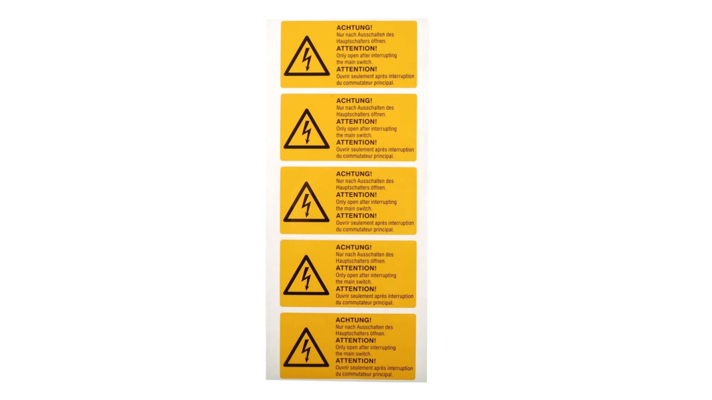 Idento Yellow PVC Safety Labels, ACHTUNG! Nur nach Ausschalten des Hauptschalter öffnen. ATTENTION! Only open after