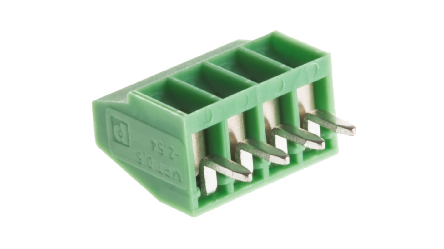 Borne para PCB Phoenix Contact de 4 vías , paso 2.54mm, 6A, de color Verde, montaje Montaje en orificio pasante,