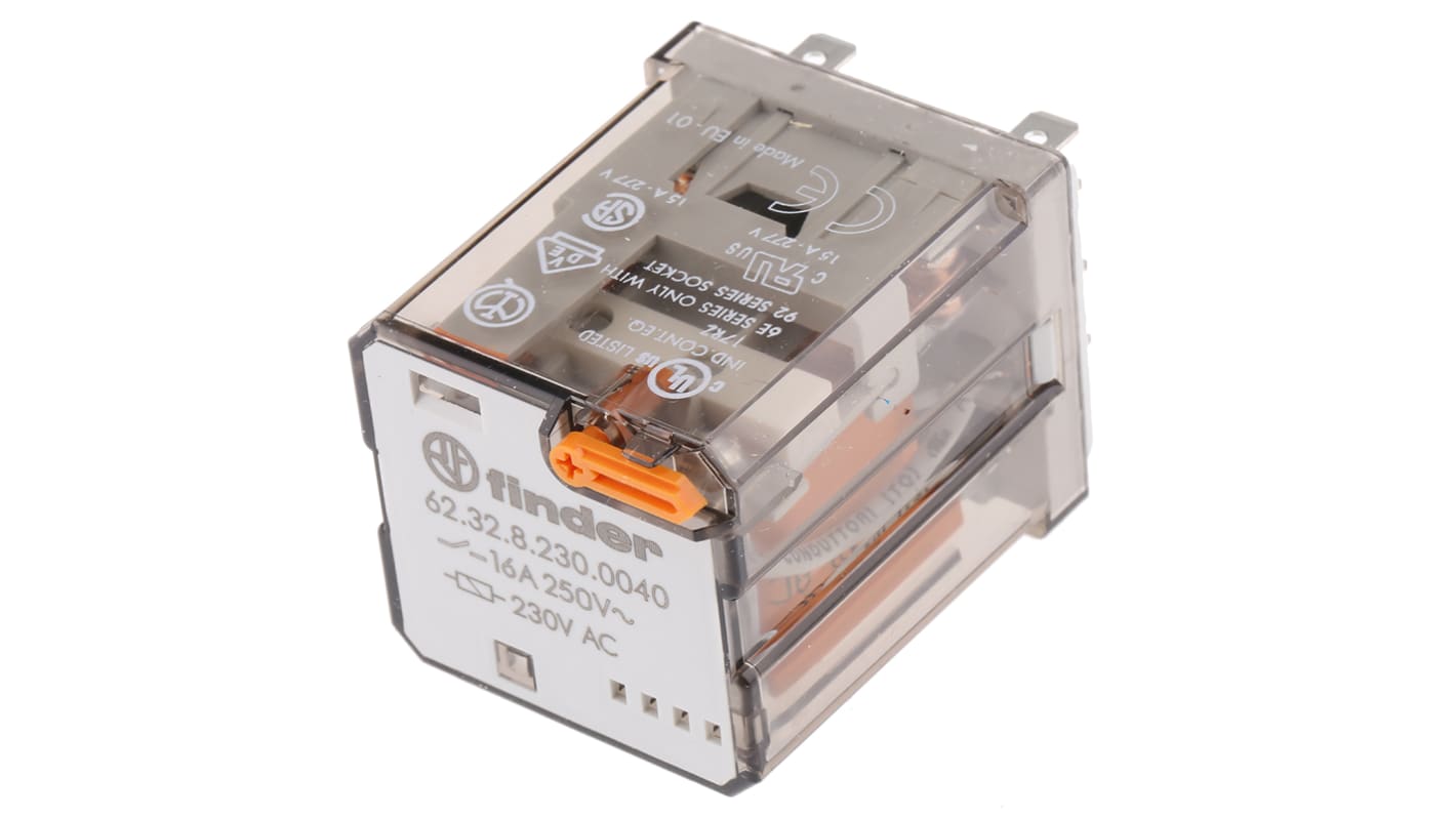 Finder Plug In Power Relay, 230V ac Coil, 16A Switching Current, DPDT