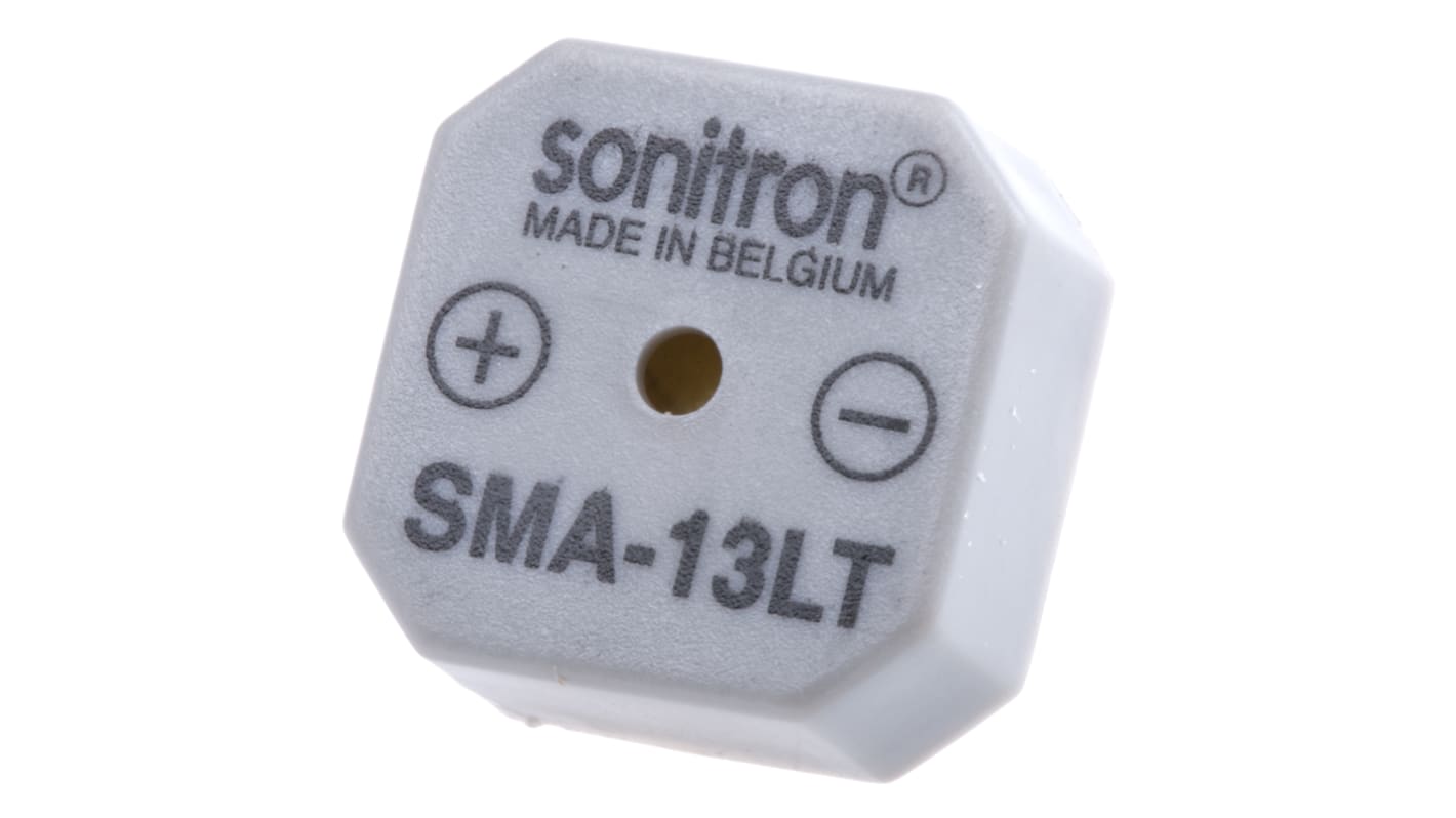 Sonitron 82dB Through Hole Continuous Internal Buzzer, 14 x 14 x 6.5mm, 1.5V dc Min, 15V dc Max
