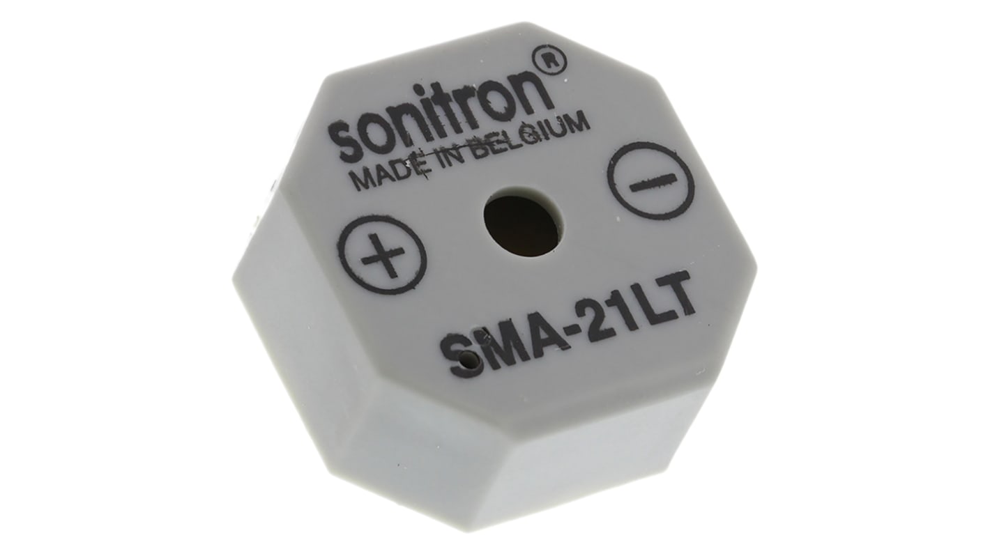 Sonitron 90dB Through Hole Continuous Internal Buzzer, 21 x 21 x 9.5mm, 1.5V dc Min, 15V dc Max