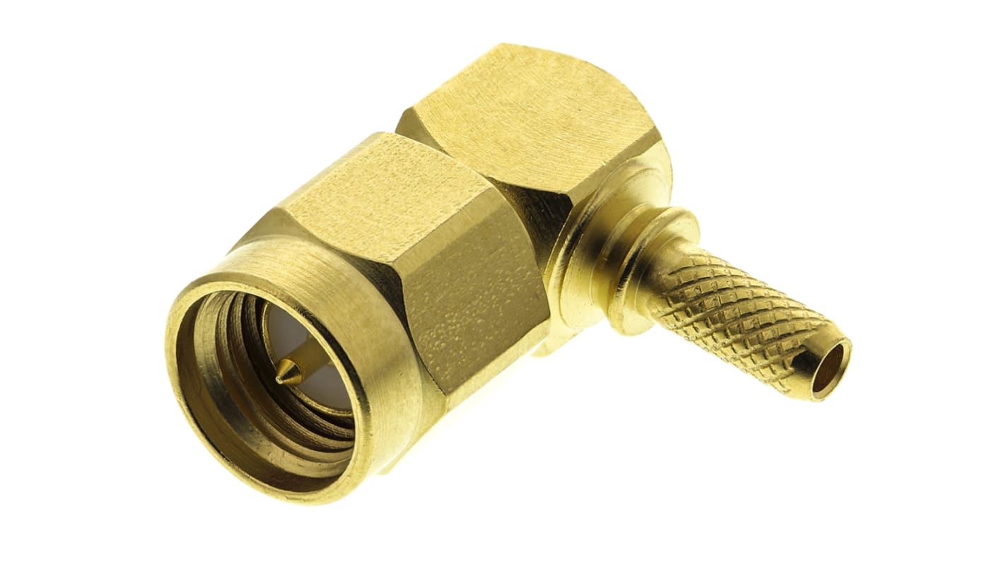 Connettore SMA Radiall maschio, angolo retto, 50Ω, montaggio su cavo, a crimpare