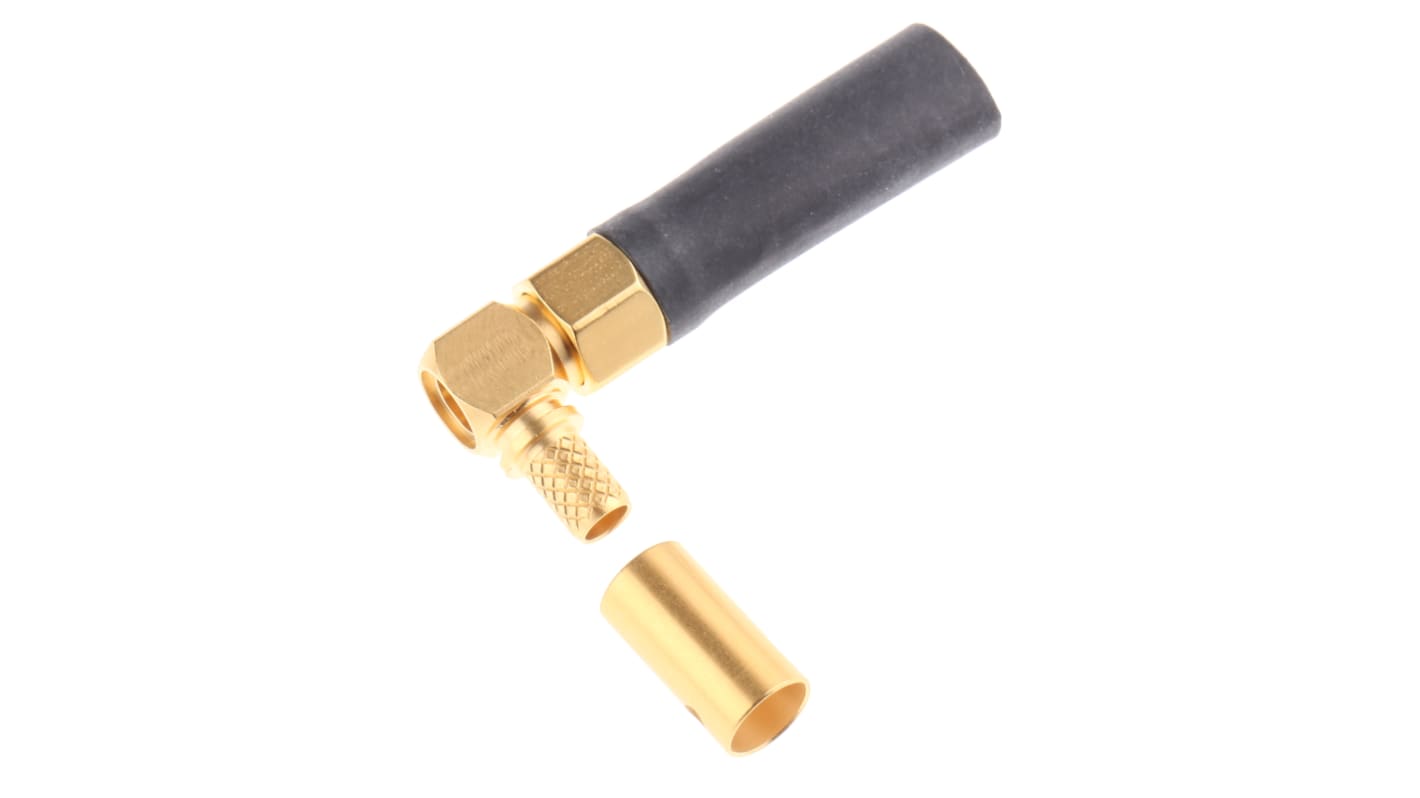 Connettore SMA Radiall maschio, angolo retto, 50Ω, montaggio su cavo, a Crimpare, saldare