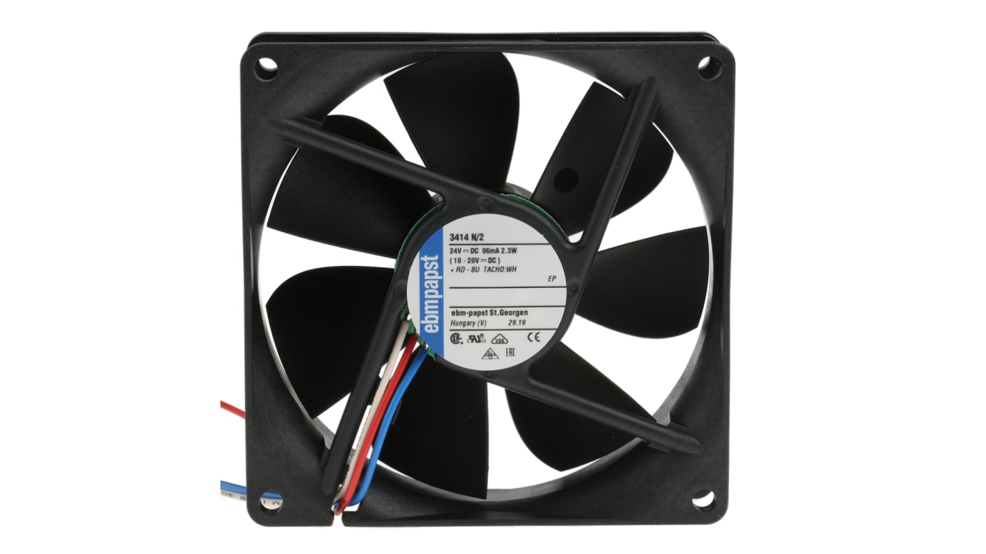 ebm-papst 3400 N Series Axial Fan, 24 V dc, DC Operation, 84m³/h, 2.3W, 96mA Max, 92 x 92 x 25mm