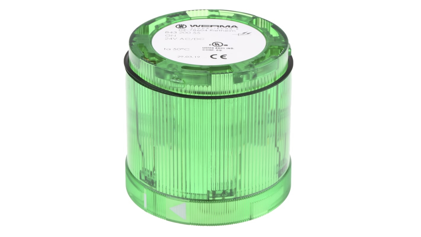 Werma 843 Series Green Steady Effect Beacon Unit, 24 V dc, LED Bulb, AC, DC, IP54