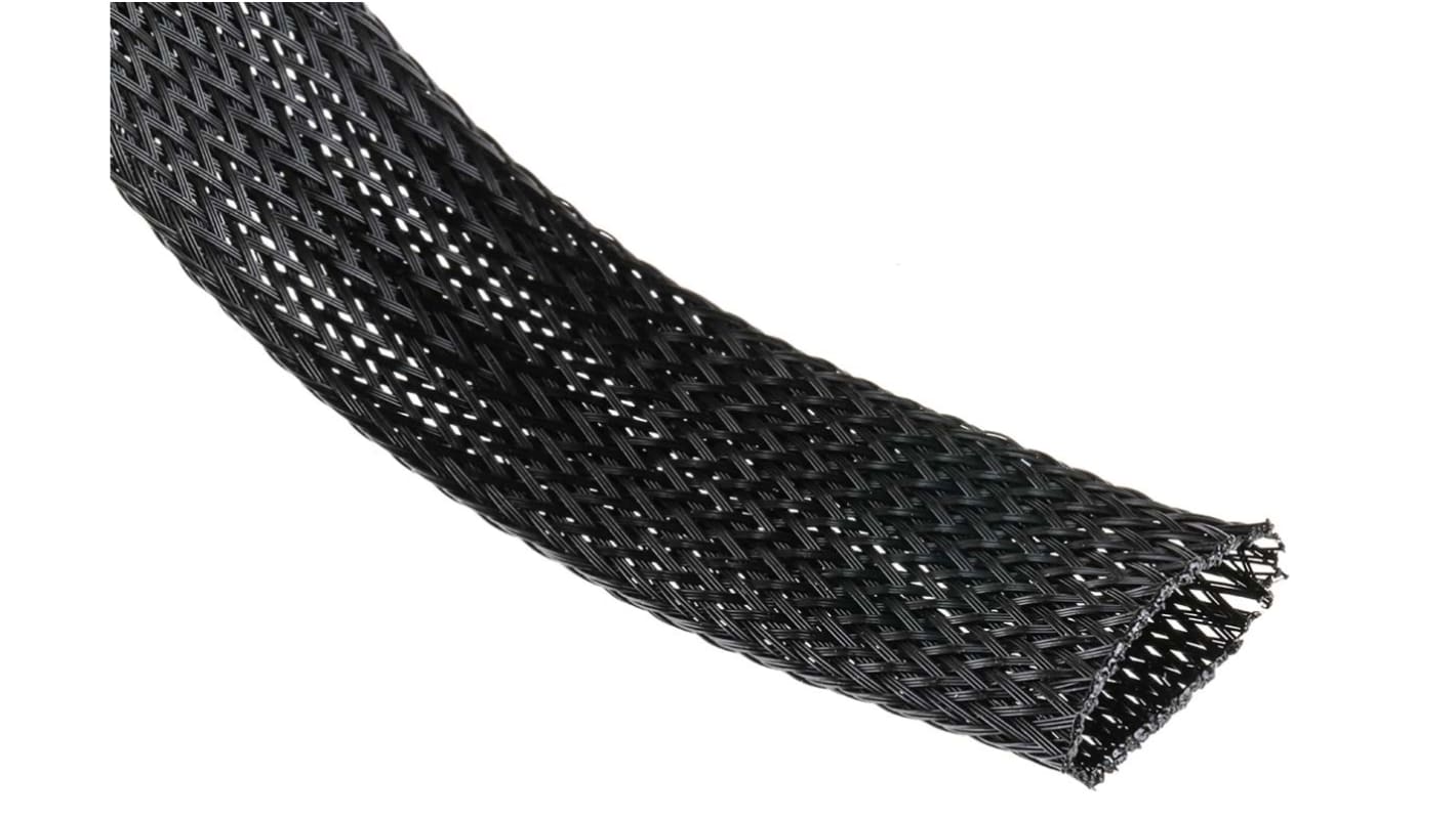 HellermannTyton Expandable Braided PET Black Cable Sleeve, 25mm Diameter, 10m Length, Helagaine HLB Series