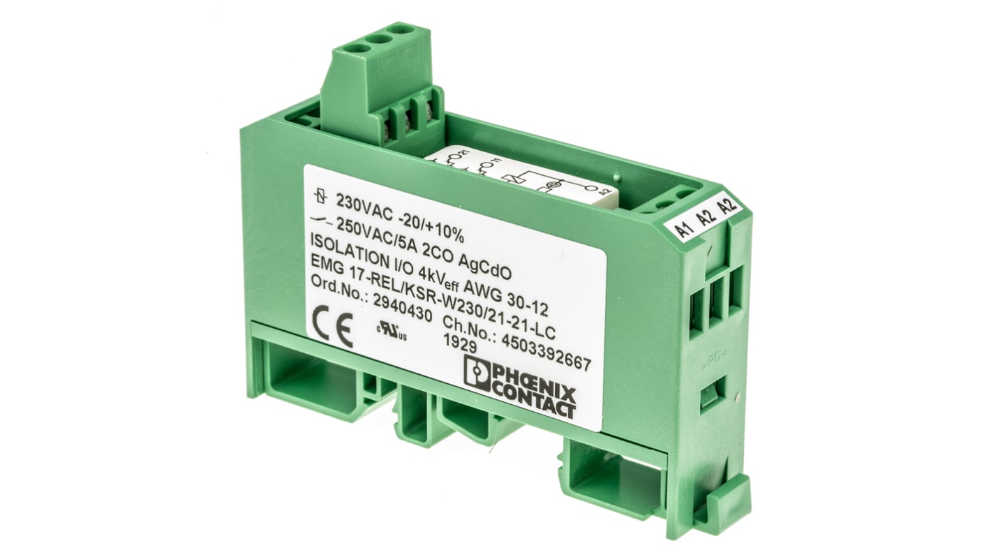 Phoenix Contact EMG 17-REL/KSR-W230/21-21-LC Series Interface Relay, DIN Rail Mount, 230V ac Coil, DPDT