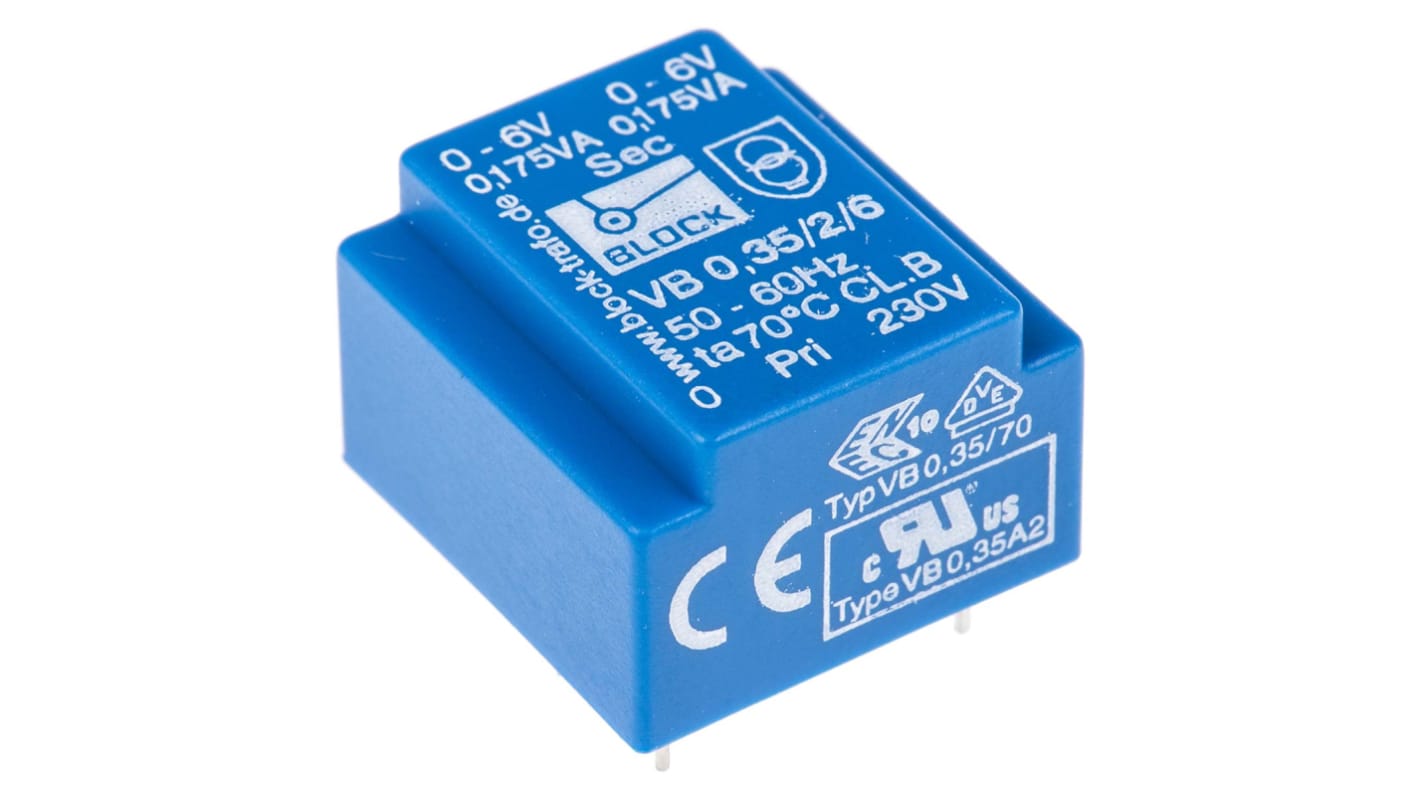 Block 6V ac 2 Output Through Hole PCB Transformer, 0.35VA