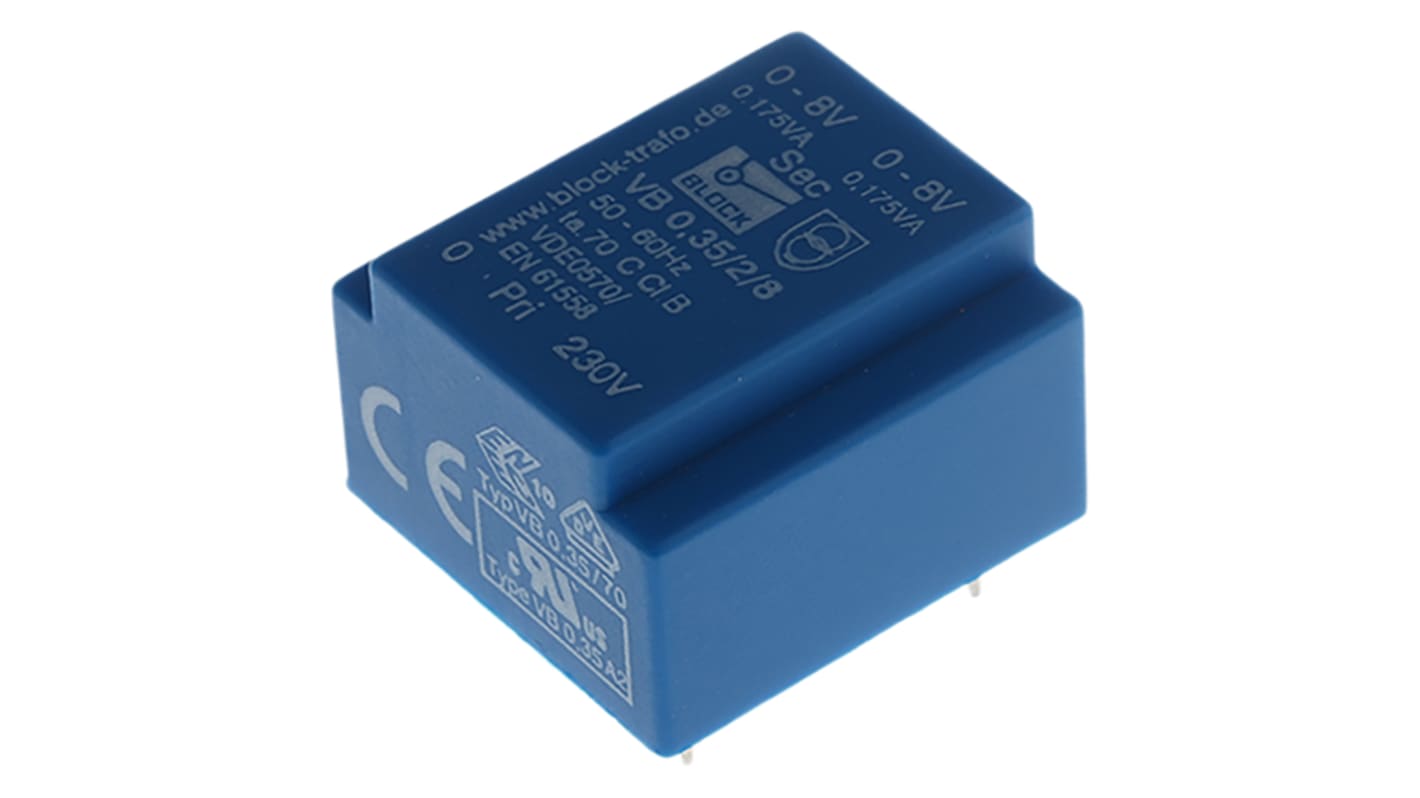 Block 8V ac 2 Output Through Hole PCB Transformer, 0.35VA