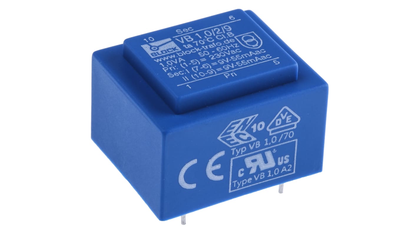 Trasformatore per PCB Block, 1VA, primario 230V ca, secondario 9V ca, 2 uscite