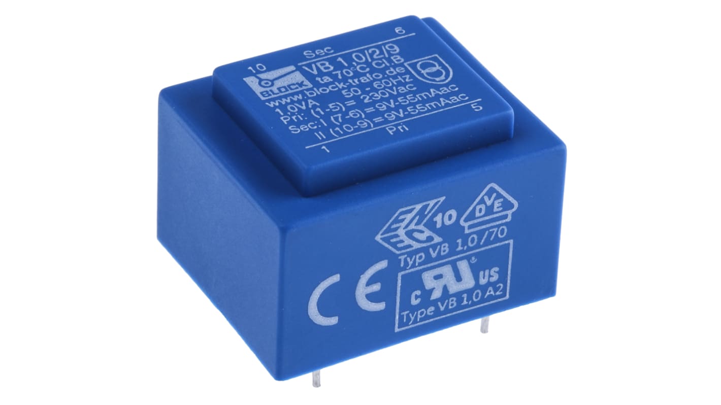 Block 9V ac 2 Output Through Hole PCB Transformer, 1VA