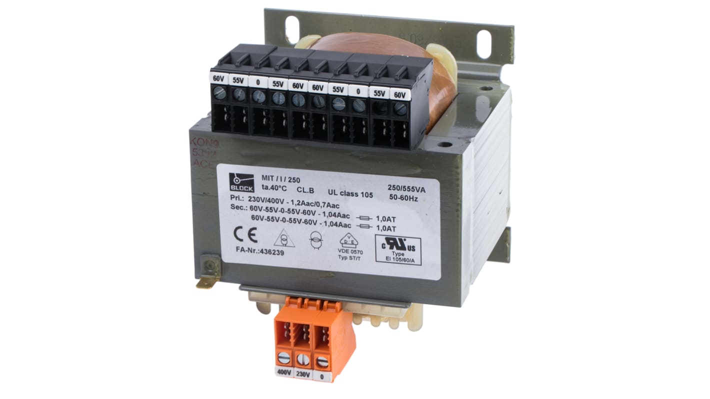 Block 250VA DIN Rail Transformer, 230V ac, 400V ac Primary, ±110V ac, ±120V ac, ±55V ac, ±60V ac Secondary