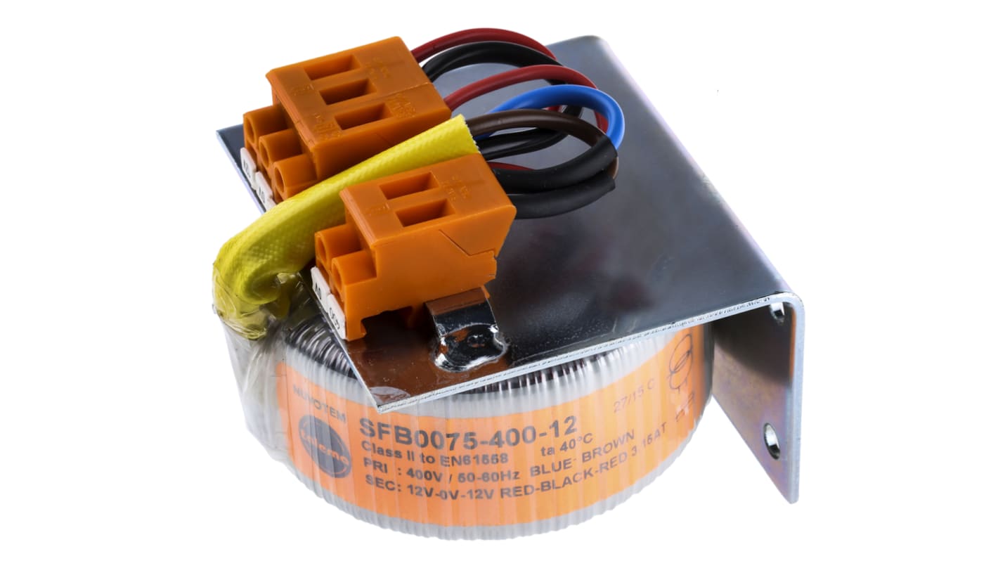 Nuvotem Talema 环形变压器, 75VA, 初级400V 交流, 次级±12V 交流, 3.125A, 底盘安装