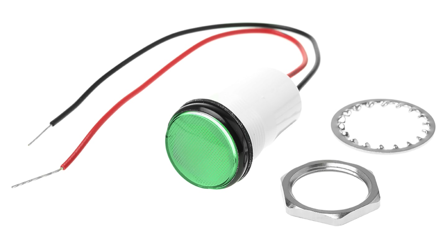 Dialight Green Panel Mount Indicator, 24V dc, 17.5mm Mounting Hole Size, Lead Wires Termination
