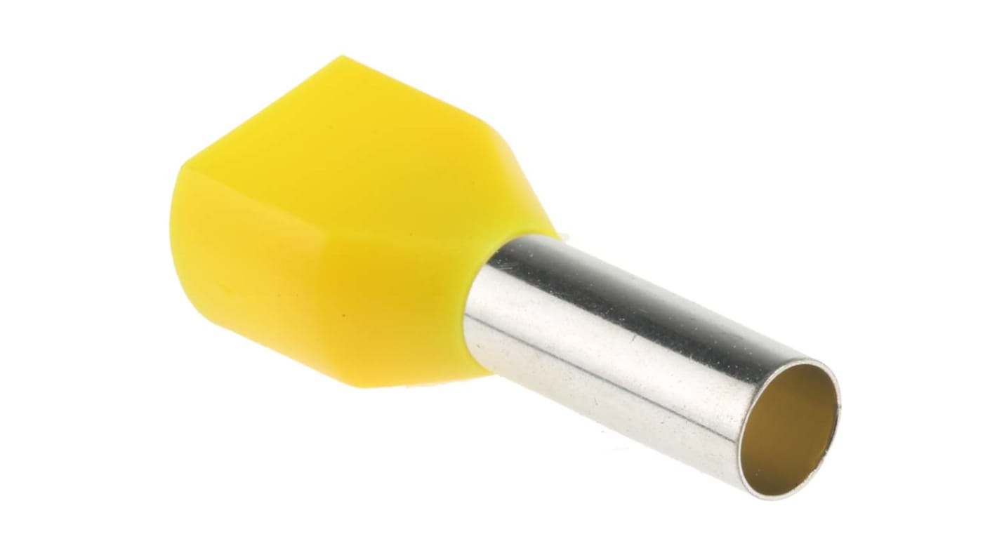 RS PRO Insulated Crimp Bootlace Ferrule, 14mm Pin Length, 5.3mm Pin Diameter, 2 x 6mm² Wire Size, Yellow