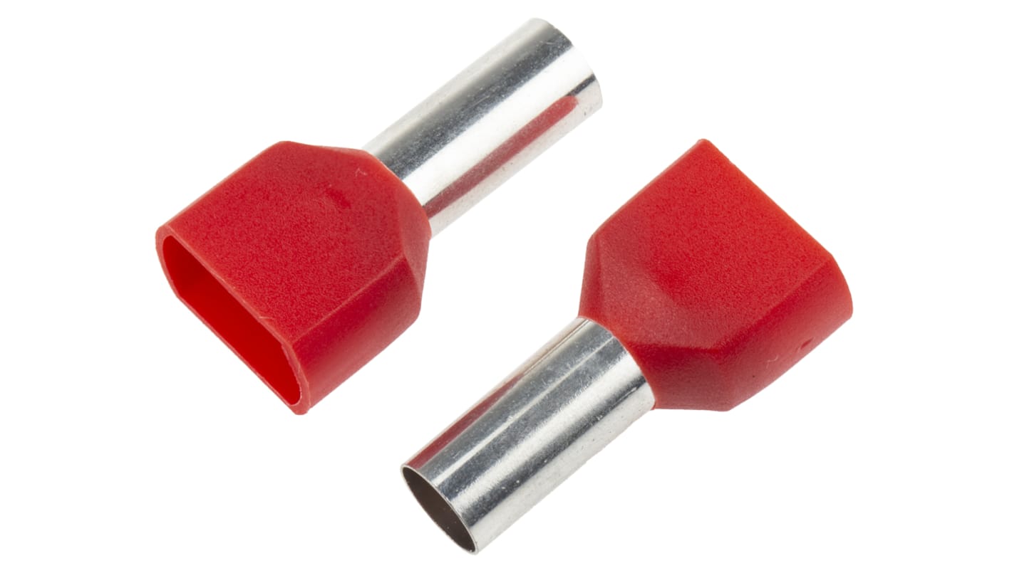 RS PRO Insulated Crimp Bootlace Ferrule, 14mm Pin Length, 6.5mm Pin Diameter, 2 x 10mm² Wire Size, Red