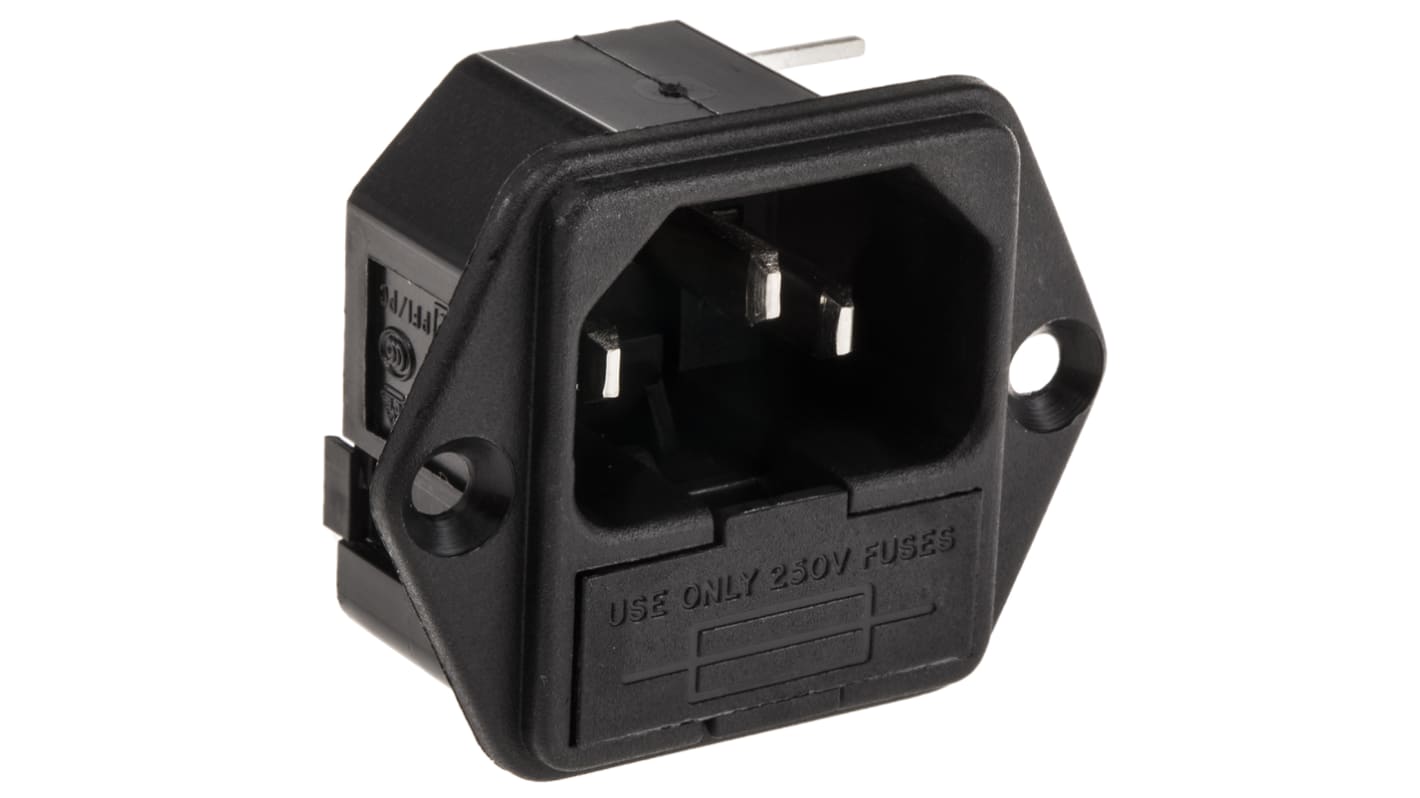 Conector IEC C14 macho Bulgin, acodado, Montaje en Panel, 250 V, 10A, con 1 fusible de 5 x 20mm