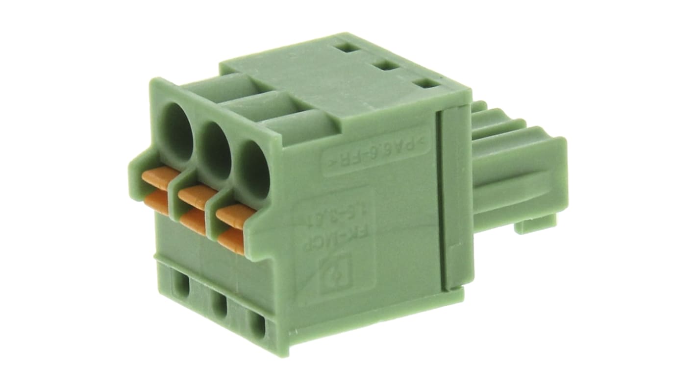 Phoenix Contact, 3.81mm Pitch, FK-MCP 1.5/ 3-ST-3.81, 3 Way, Pluggable Terminal Block, Plug, Cable Mount, Spring Cage