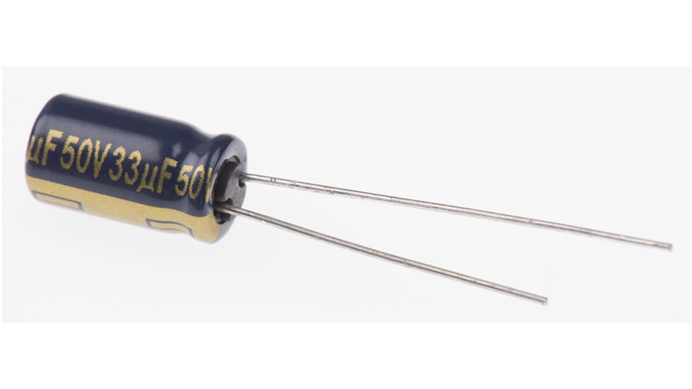 Panasonic 直插铝电解电容, 33μF, 50V 直流, 6.3 (Dia.) x 11.2mm, 最高+105°C, FC Radial系列