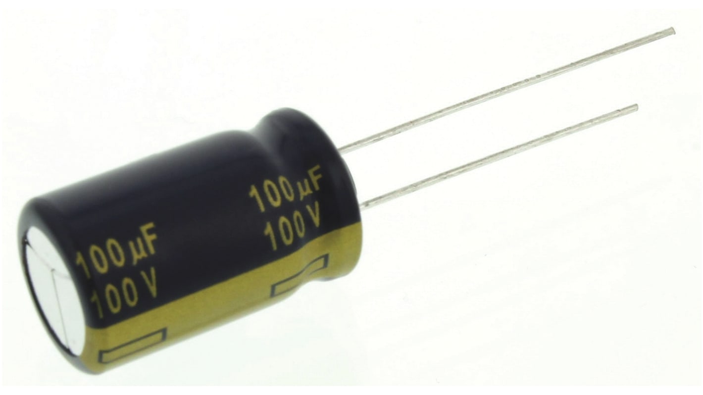 Panasonic 直插铝电解电容, 100μF, 100V 直流, 12.5 (Dia.) x 20mm, 最高+105°C, FC Radial系列