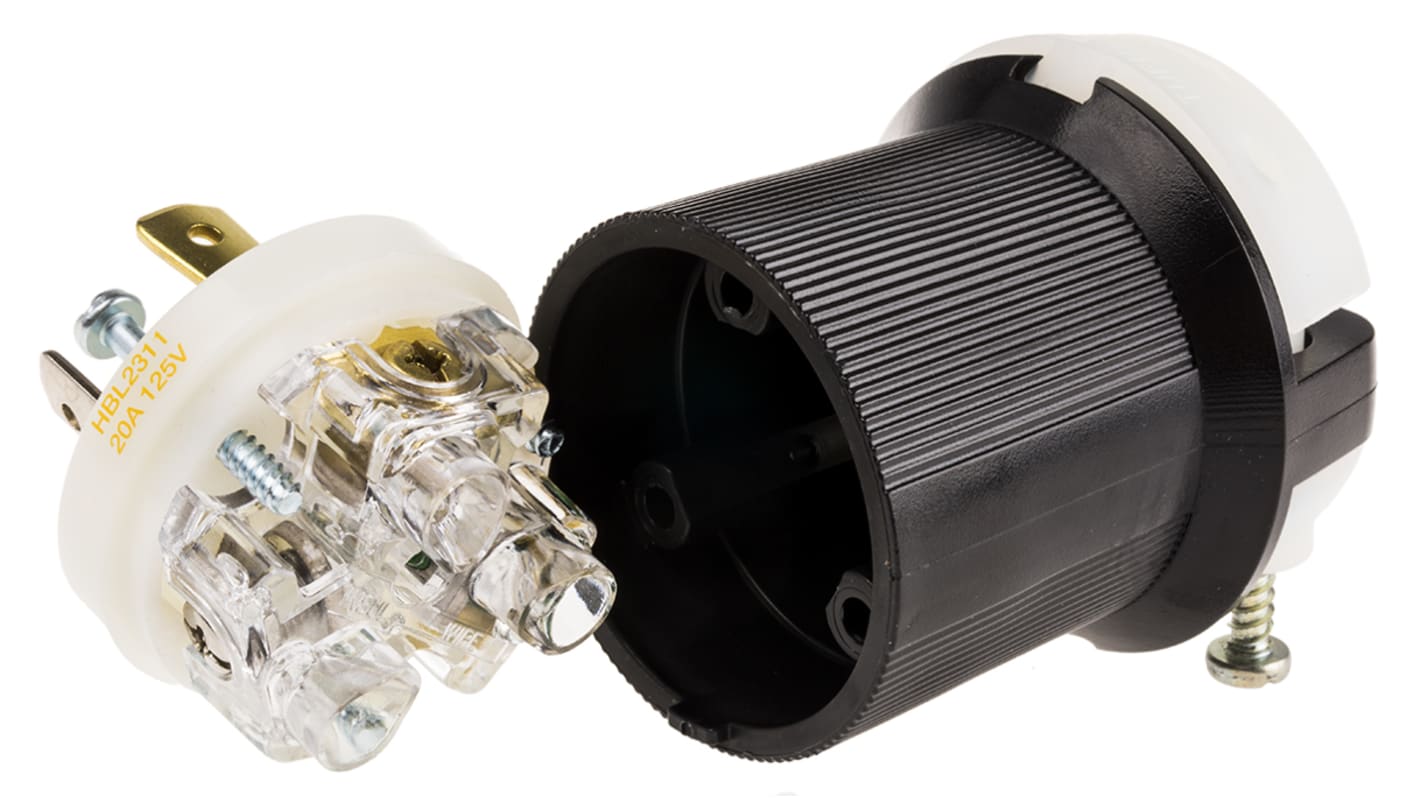 Hubbell 20A电源插头, 125 V, 电缆安装, NEMA L5 - 20P, 黑色