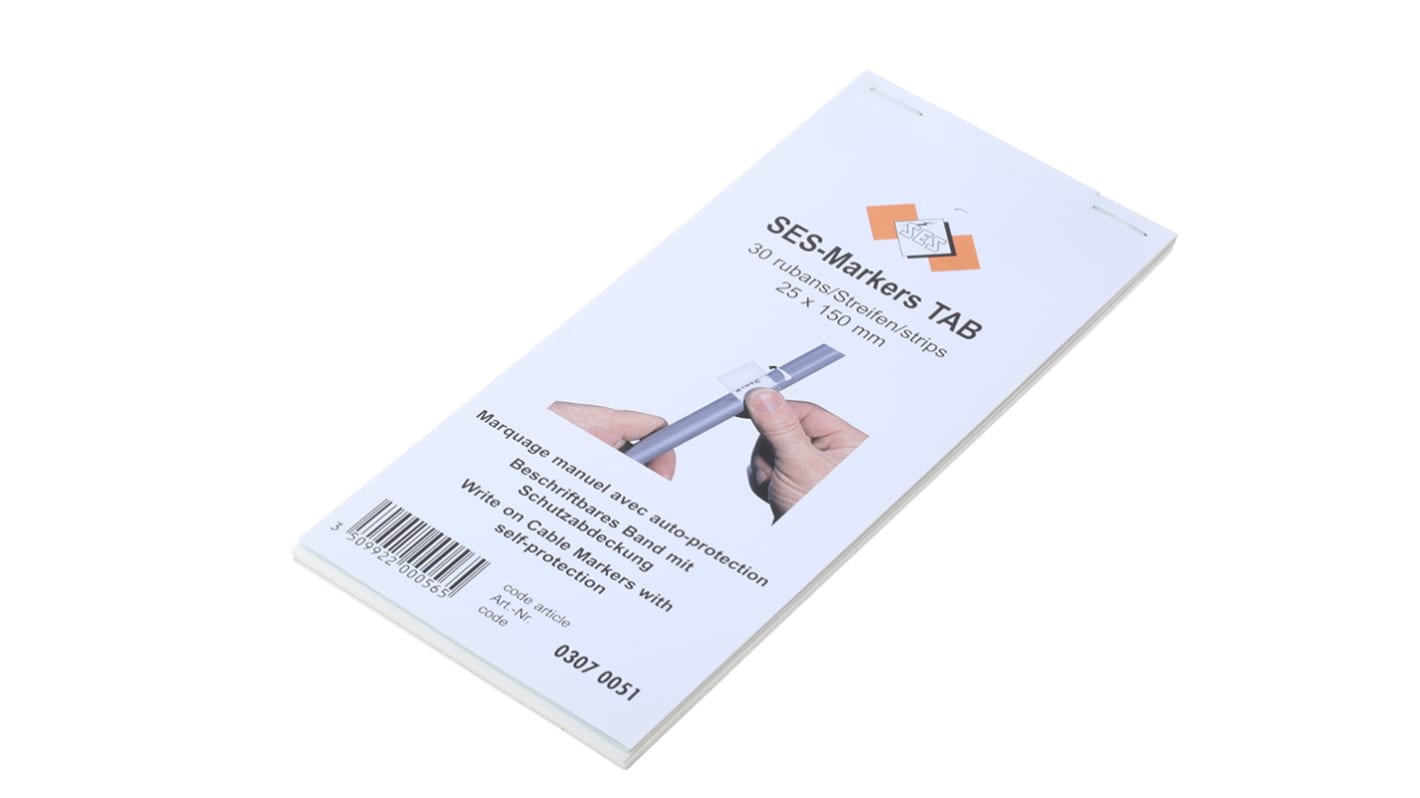 Libro de Marcadores de Cable SES Sterling SES-TAB de PVC Transparente, Ø máx. 38mm, montaje: Adhesivo, 30 uds.