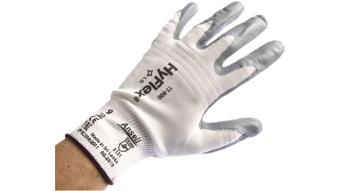 Ansell HyFlex 11-800 White Nylon General Purpose Work Gloves, Size 9, Nitrile Foam Coating