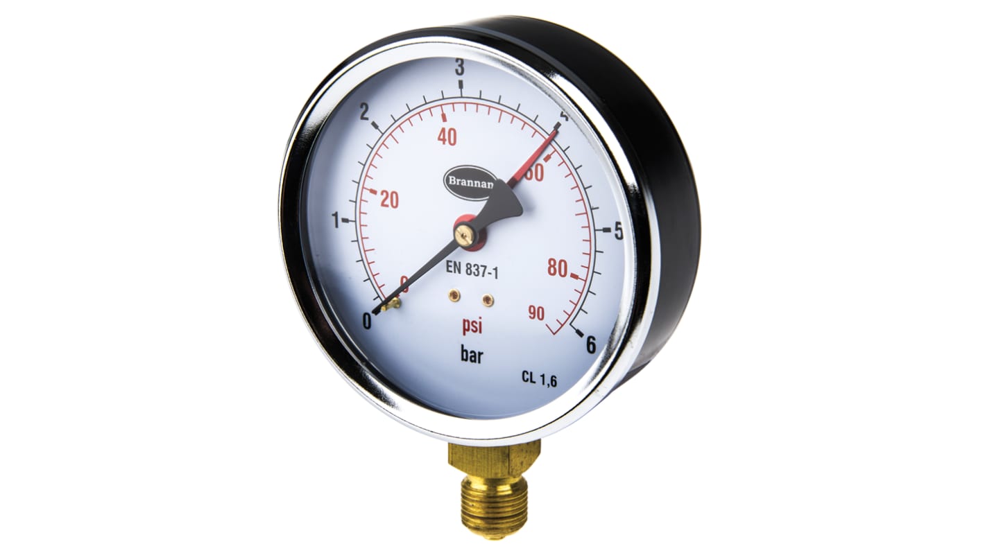 Brannan G 3/8 Analogue Pressure Gauge 6bar Bottom Entry, 34/654/0, 0bar min.