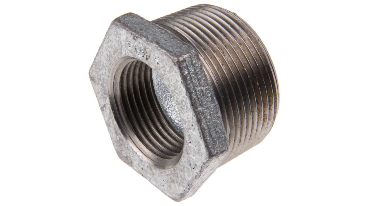 Georg Fischer Galvanised Malleable Iron Fitting, Straight Reducer Bush, Male BSPT 1-1/2in to Female BSPP 1in