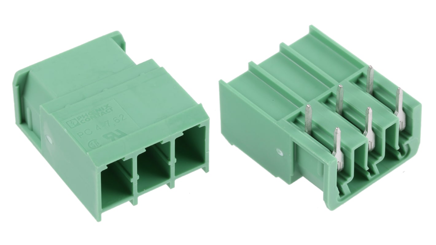 Phoenix Contact, 7.62mm Pitch, COMBICON PC, 3 Way, Right Angle, Pluggable Terminal Block, Header, Solder Termination,