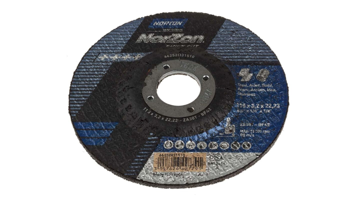 Norton Cutting Disc Zirconium Cutting Disc, 115mm x 3.2mm Thick, P36 Grit, Norton Norzon Quick Cut, 5 in pack