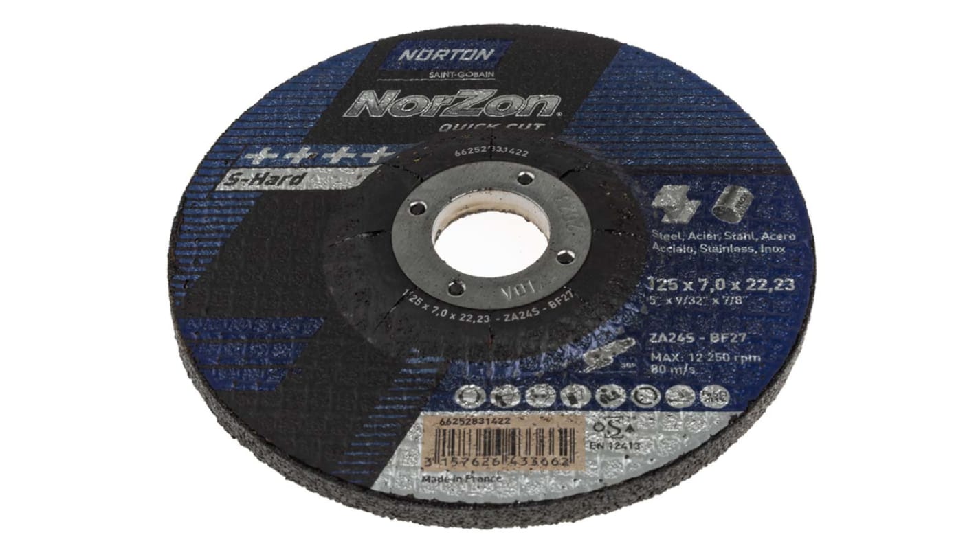 Norton Grinding Disc Zirconium Grinding Disc, 125mm x 7mm Thick, P24 Grit, Norton Norzon Quick Cut, 5 in pack