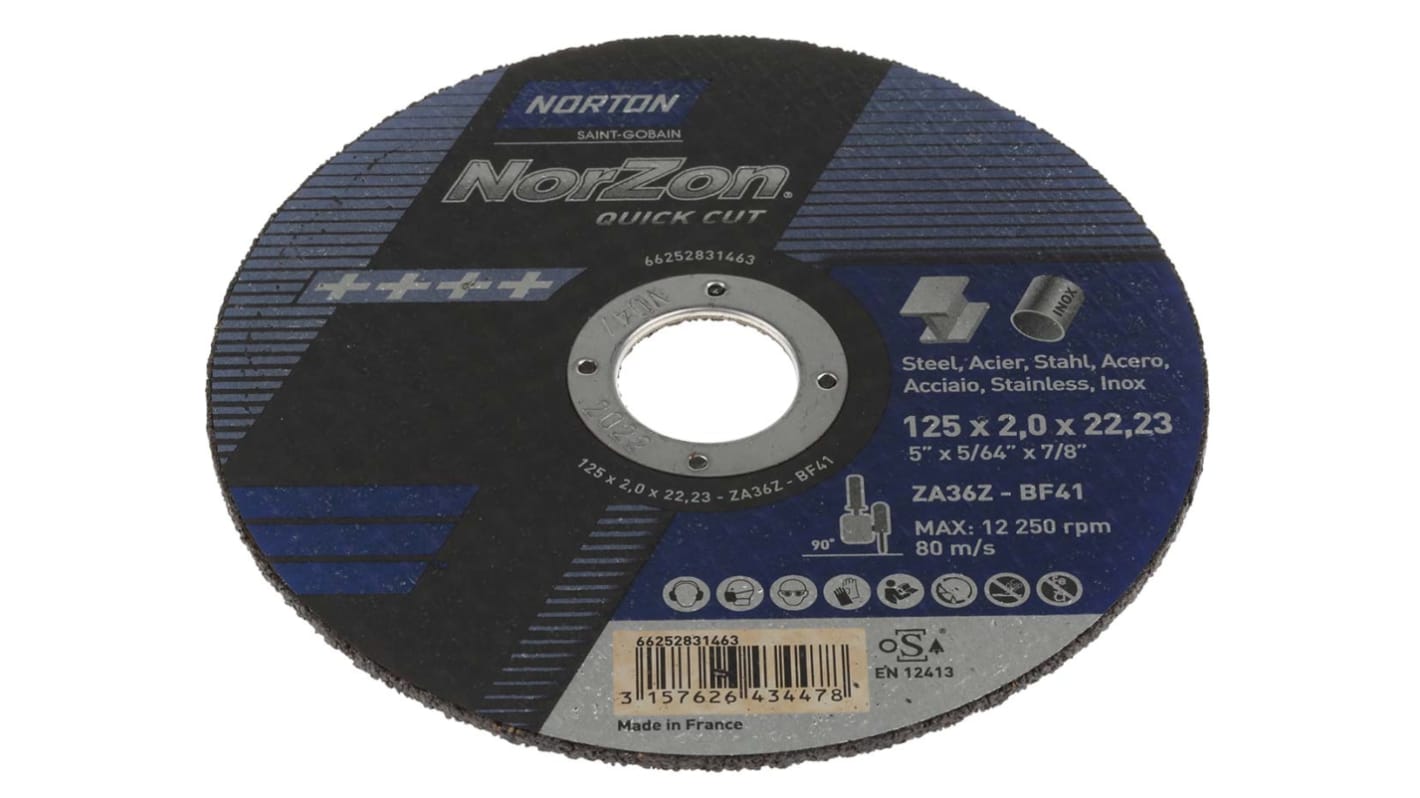 Norton Cutting Disc Zirconium Cutting Disc, 125mm x 2mm Thick, P36 Grit, Norzon, 5 in pack
