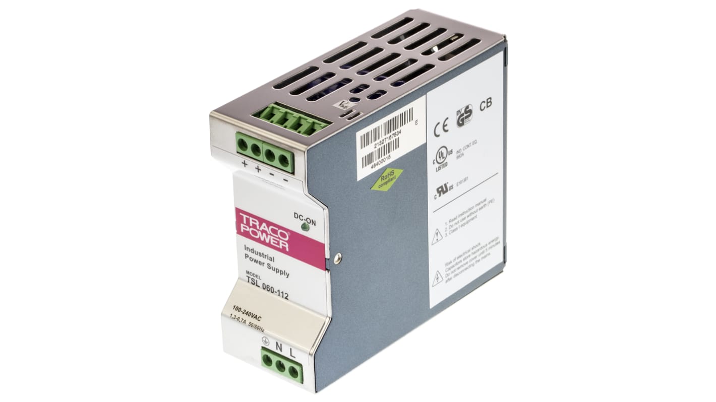 TRACOPOWER TSL Switch Mode DIN Rail Panel Mount Power Supply, 12V dc, 5A Output, 60W