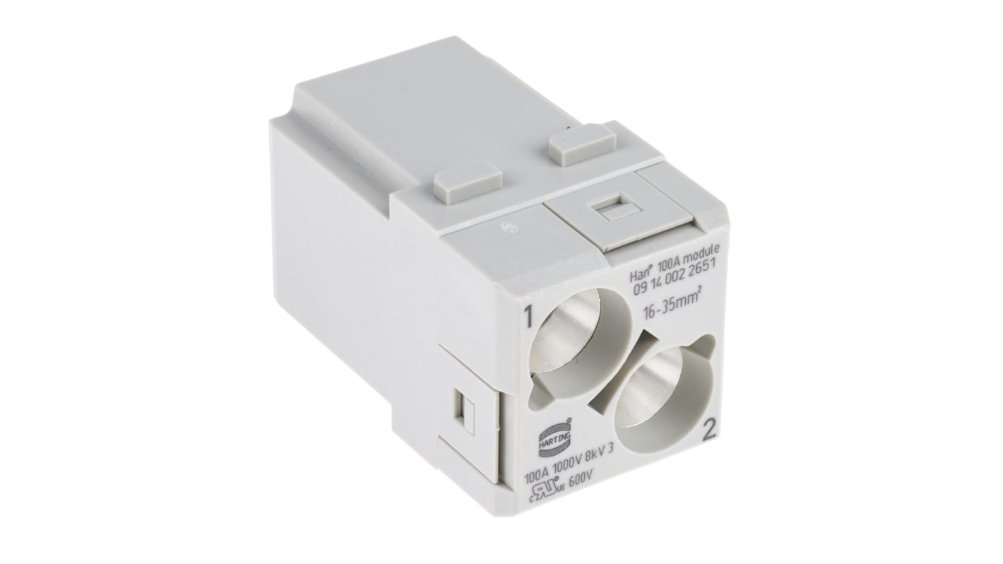 HARTING Heavy Duty Power Connector Module, 100A, Male, Han-Modular Series, 2 Contacts
