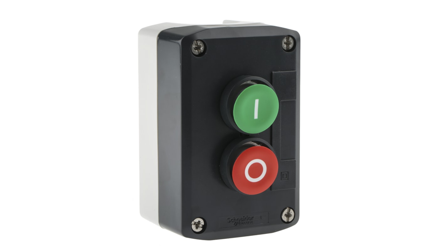 Schneider Electric Spring Return Enclosed Push Button - 1 NC, 1 NO, Polycarbonate, 2 Cutouts, Red/Green, I/O, IP66,