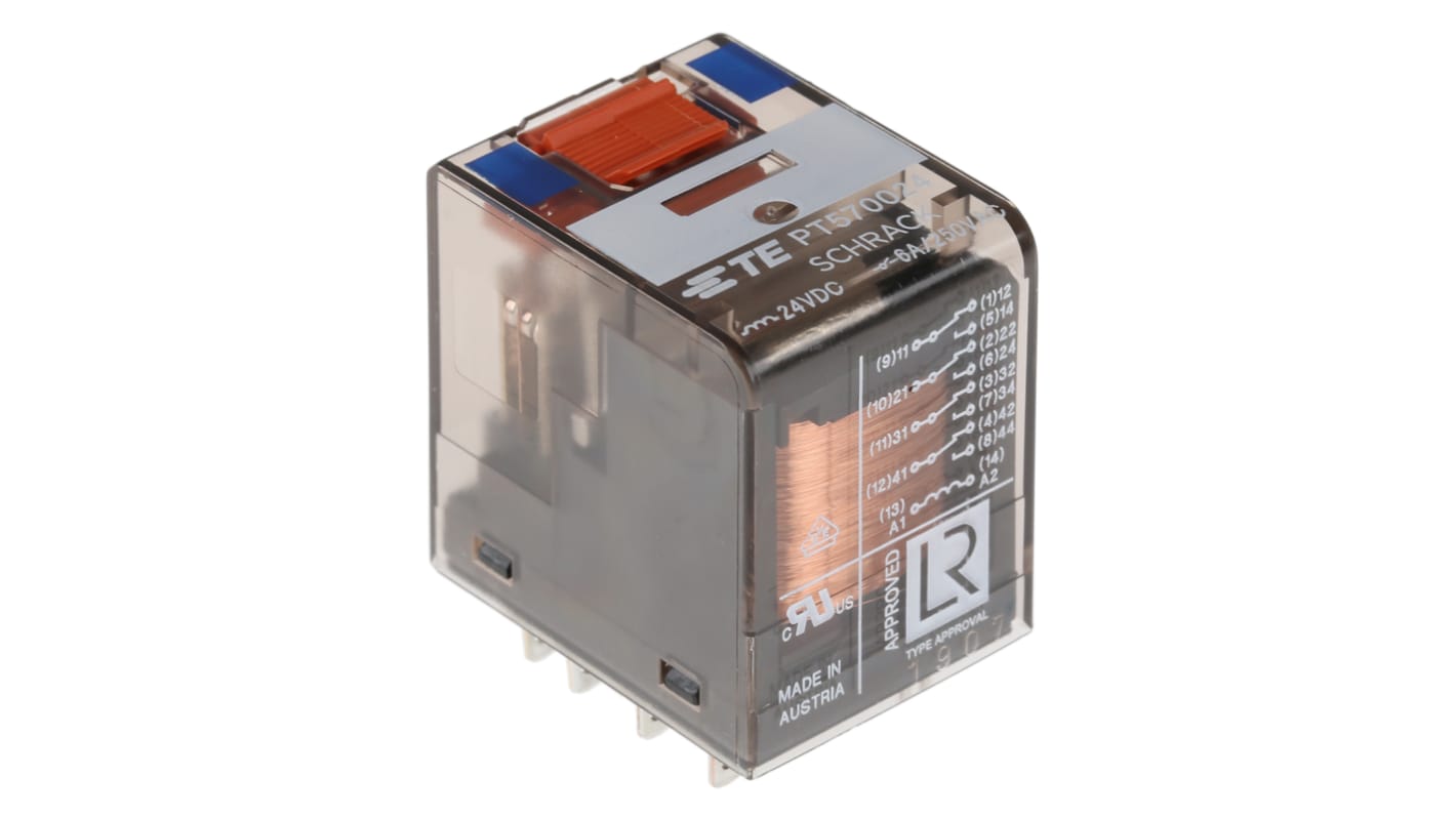 Relé de potencia sin enclavamiento TE Connectivity PT de 4 polos, 4PDT, bobina 24V dc, 6A, enchufable