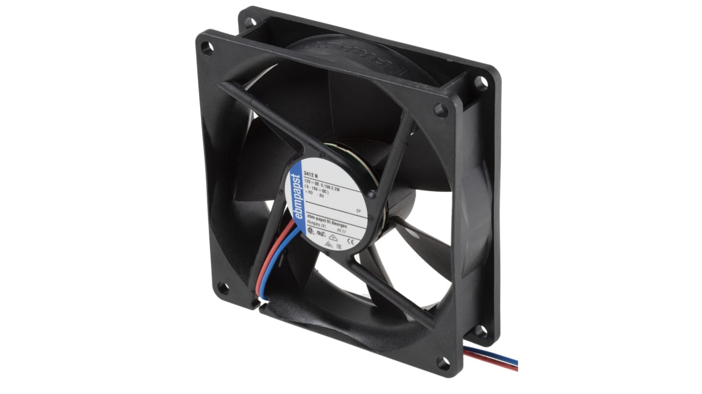 ebm-papst 3400 N Series Axial Fan, 12 V dc, DC Operation, 84m³/h, 2.2W, 180mA Max, 92 x 92 x 25mm