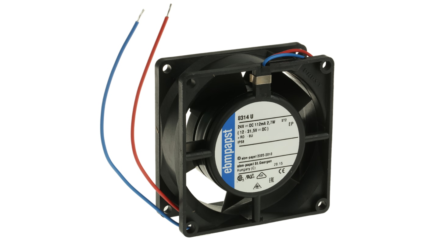 ebm-papst 8300 Series Axial Fan, 24 V dc, DC Operation, 54m³/h, 2.7W, 113mA Max, IP68, 80 x 80 x 32mm