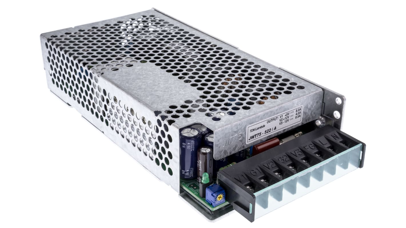 TDK-Lambda 75W开关电源, 5 V dc, ±12 V dc, 4 A, 8 A, 500 mA, 3路输出, 底盘安装