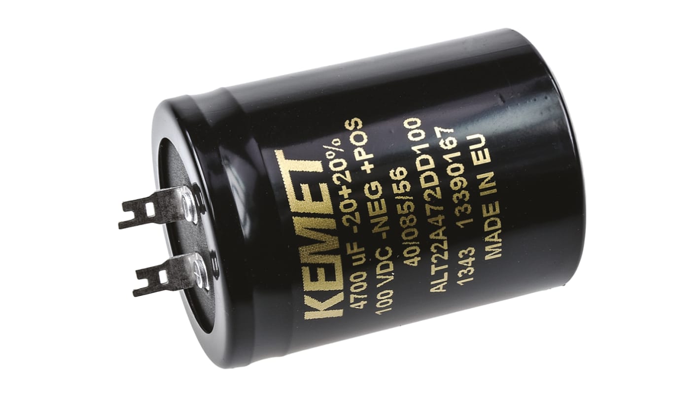 Condensador electrolítico KEMET serie ALT22, 4700μF, ±20%, 100V dc, con lengüeta de soldadura, 40 x 55mm