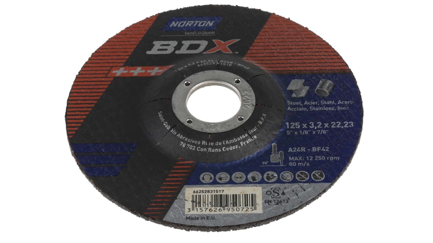 Norton Cutting Disc Aluminium Oxide Cutting Disc, 125mm x 3.2mm Thick, P24 Grit, 5 in pack
