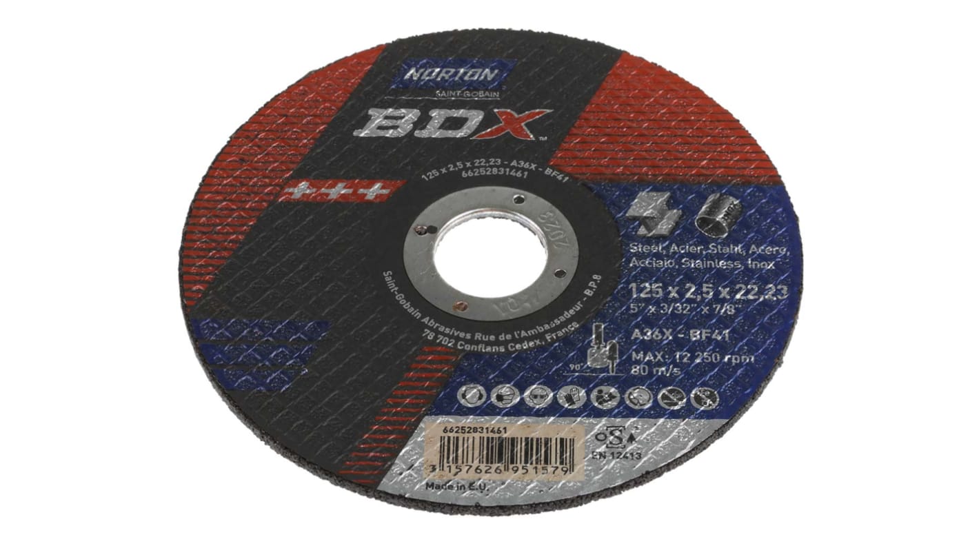 Norton Cutting Disc Aluminium Oxide Cutting Disc, 125mm x 2.5mm Thick, P36 Grit, 5 in pack