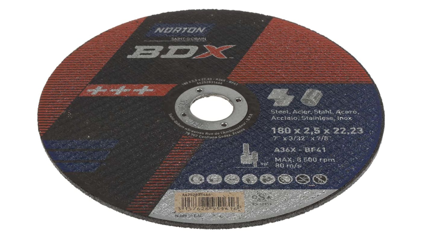 Norton Cutting Disc Aluminium Oxide Cutting Disc, 180mm x 2.5mm Thick, P36 Grit, BDX, 5 in pack
