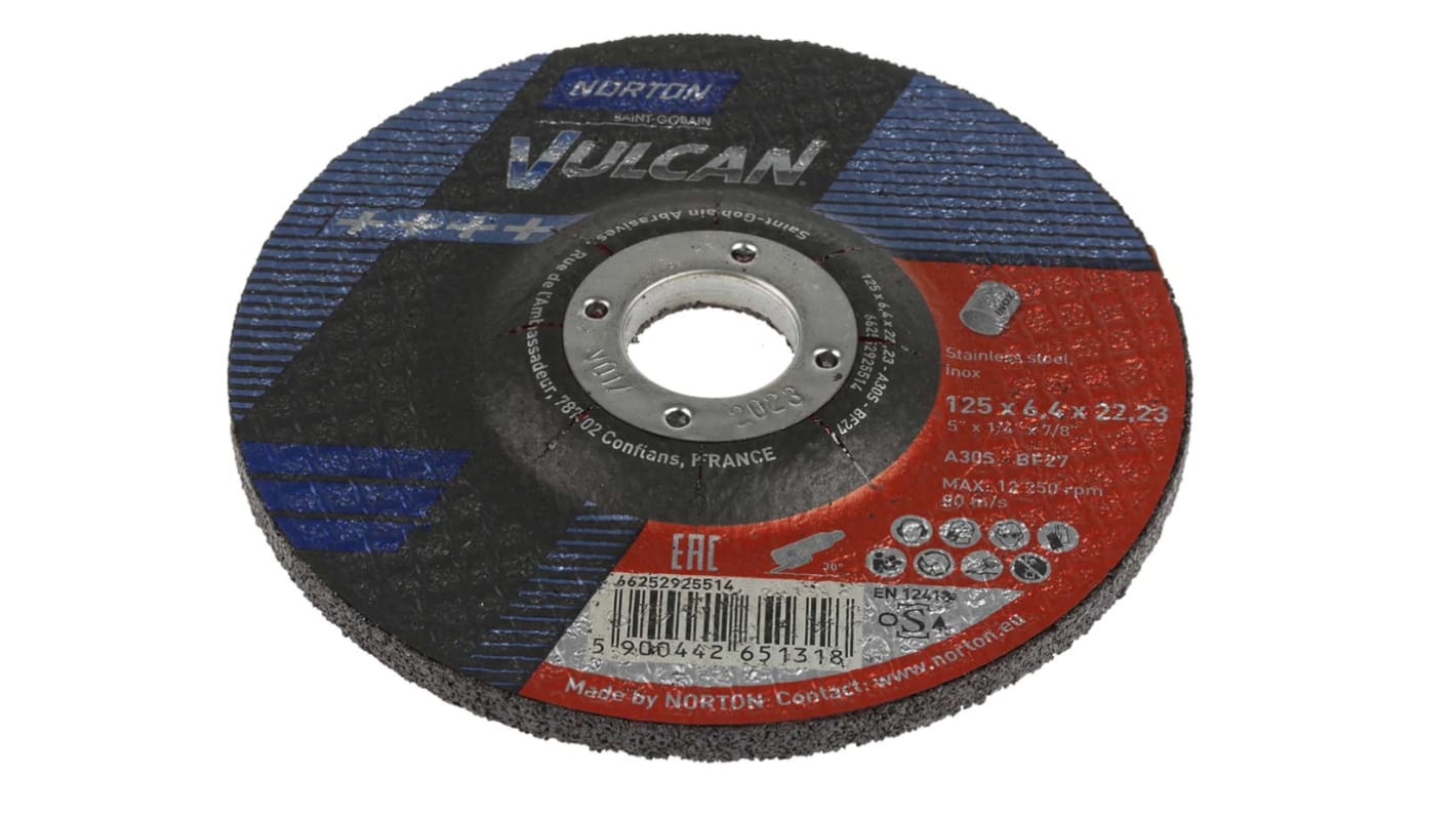Norton Grinding Disc Aluminium Oxide Grinding Disc, 125mm x 6.4mm Thick, P30 Grit, Vulcan, 5 in pack